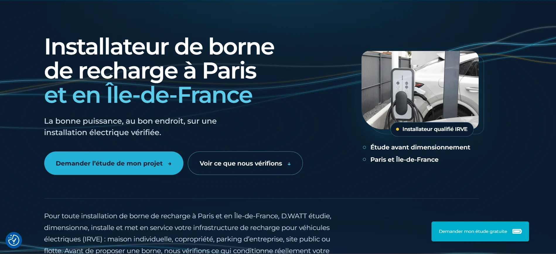 Nouveau haut de la page de service D.WATT sur ordinateur : installation de bornes de recharge à Paris et en Île-de-France, bouton « Demander l’étude de mon projet ».
