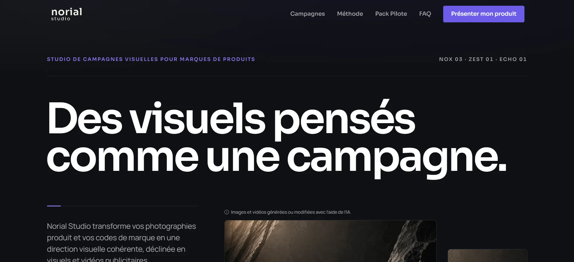 Page d’accueil du site Norial Studio sur ordinateur : titre « Des visuels pensés comme une campagne » et bouton « Présenter mon produit ».