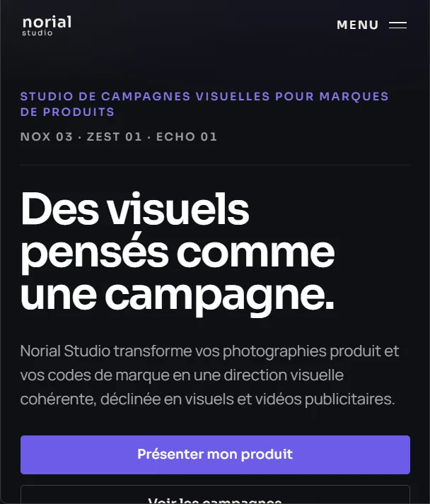 Page d’accueil du site Norial Studio sur mobile, avec le bouton « Présenter mon produit ».